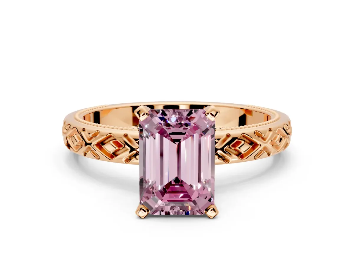 Solitaire Engagement Ring Setting for Fancy Pink Emerald Cut Center with Milgrain X Pattern Band and Prong Head in Rose Gold
