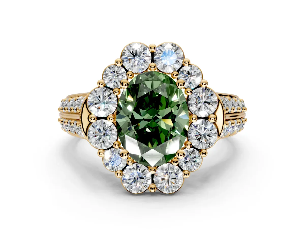 Large Accent Halo Engagement Ring Setting for Fancy Green Oval Center with Pave Split Shank and Prong Head in Yellow Gold