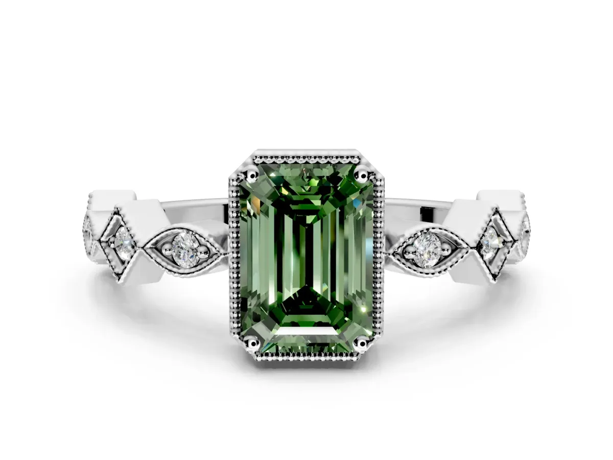 Milgrain Bezel Engagement Ring Setting for Fancy Green Emerald Cut Center with Marquise Stations and Bezel Head in Platinum