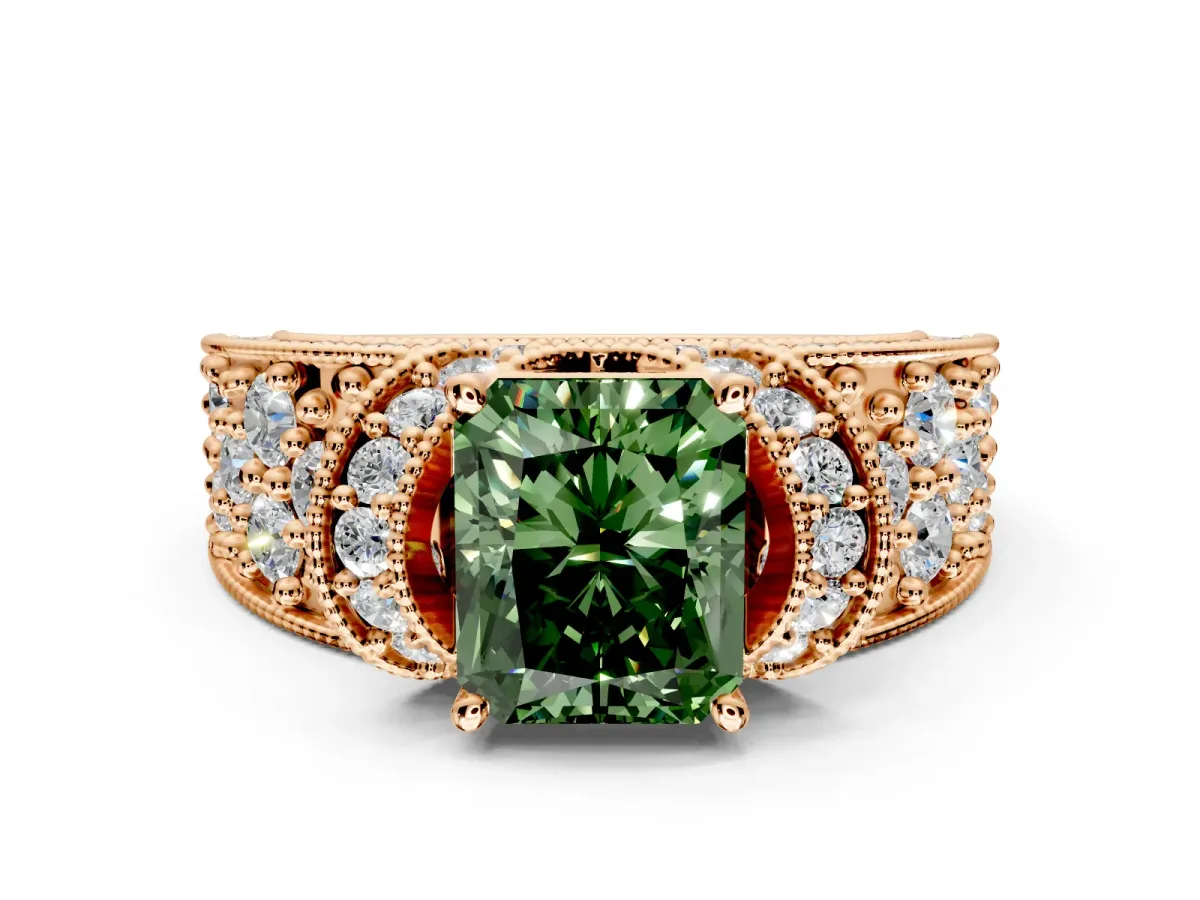 Pave Engagement Ring Setting for Fancy Green Radiant Cut Center with Curved Accent Rows, Openwork and Prong Head in Rose Gold
