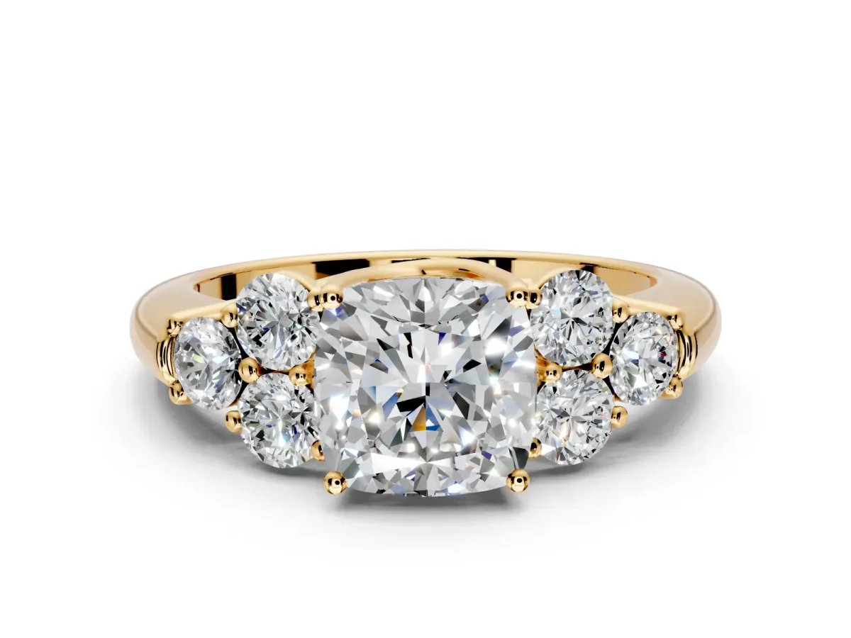 Cluster Engagement Ring Setting for Cushion Cut Center with Round Cut Accent Frame and Prong Head in Yellow Gold