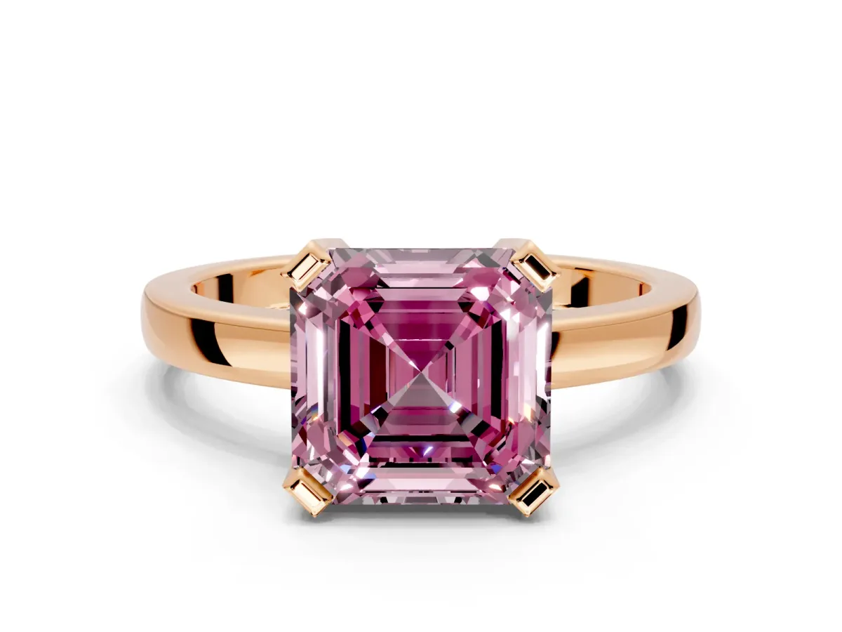 Solitaire Engagement Ring Setting for Fancy Pink Asscher Cut Center with Plain Band and Flat Tab Prong Head in Rose Gold