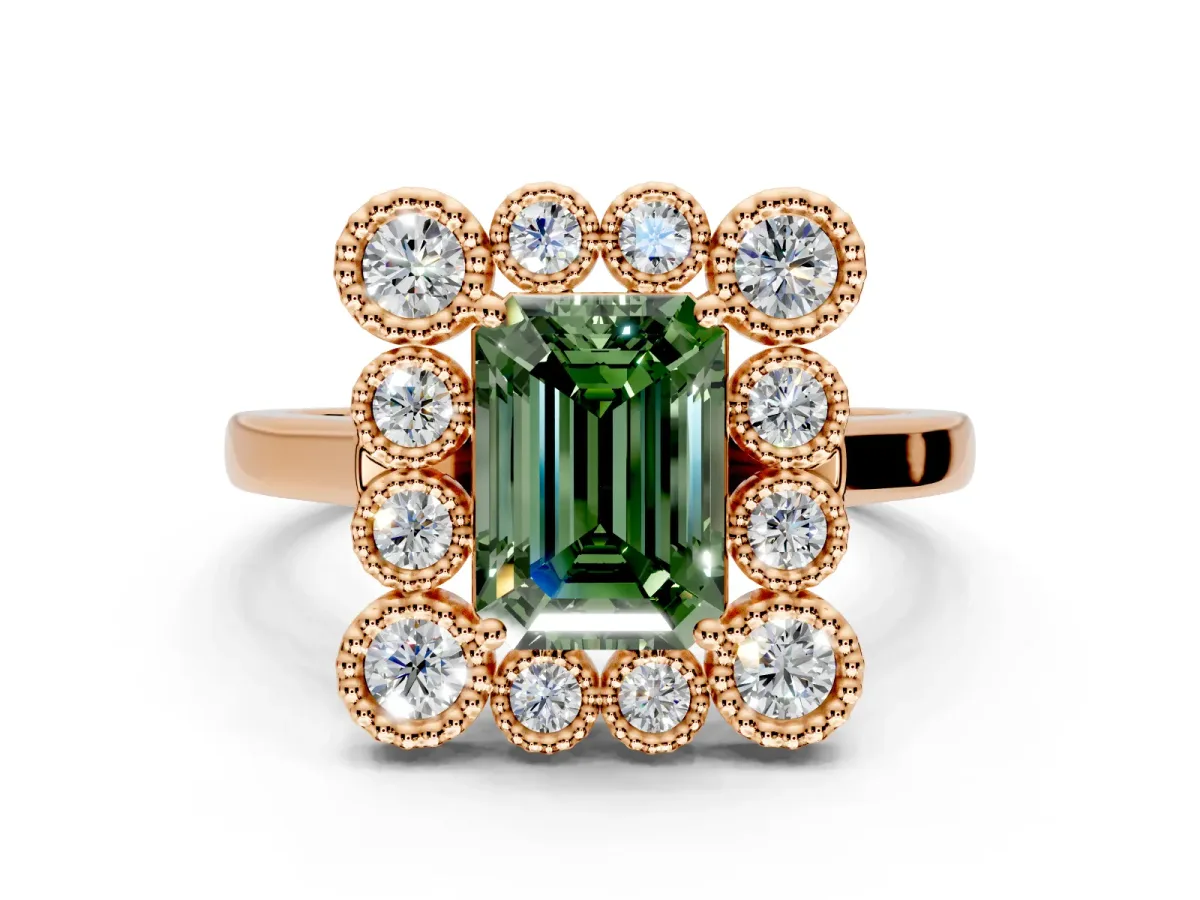 Cluster Halo Engagement Ring Setting for Fancy Green Emerald Cut Center with Milgrain Bezel Accents and Prong Head in Rose Gold