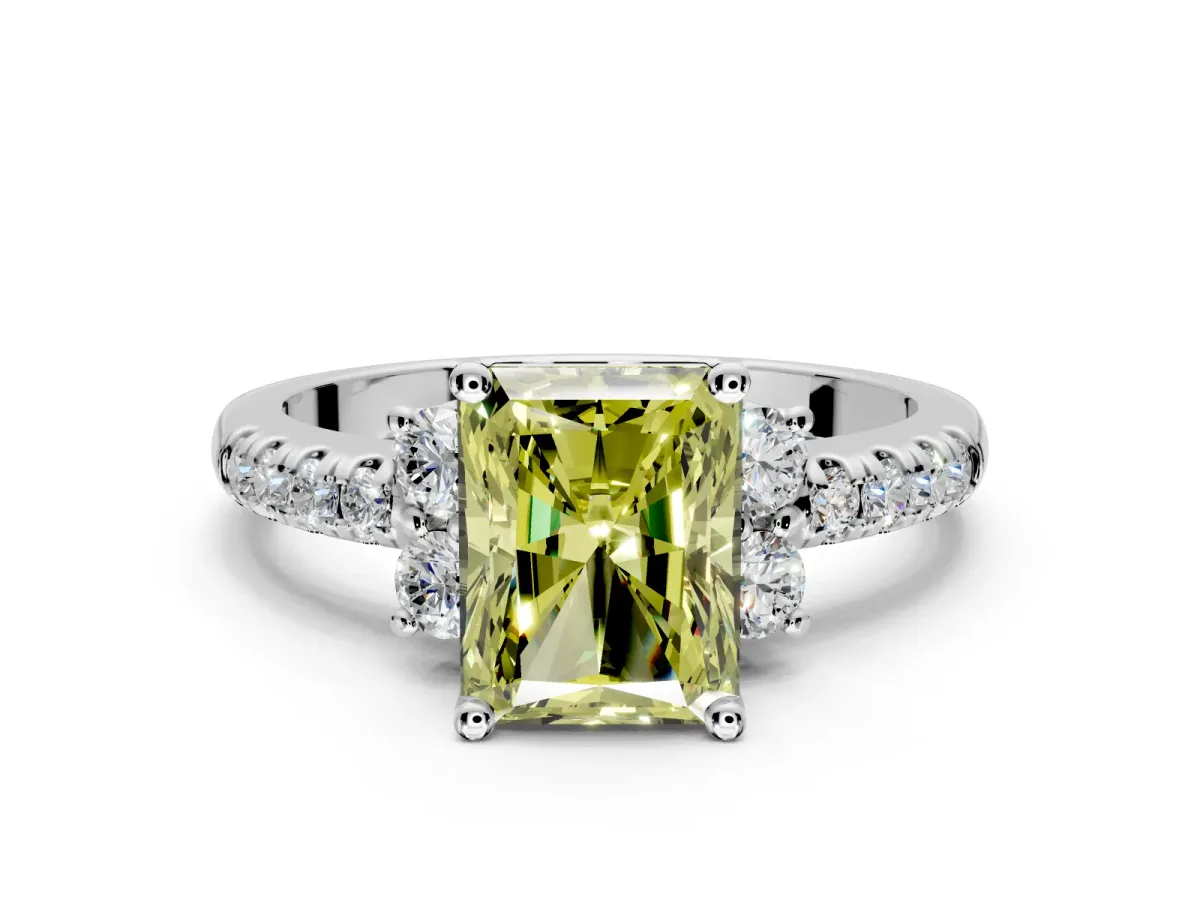Paired Accent Engagement Ring Setting for Fancy Yellow Radiant Cut Center with Pave Band and Prong Head in Platinum
