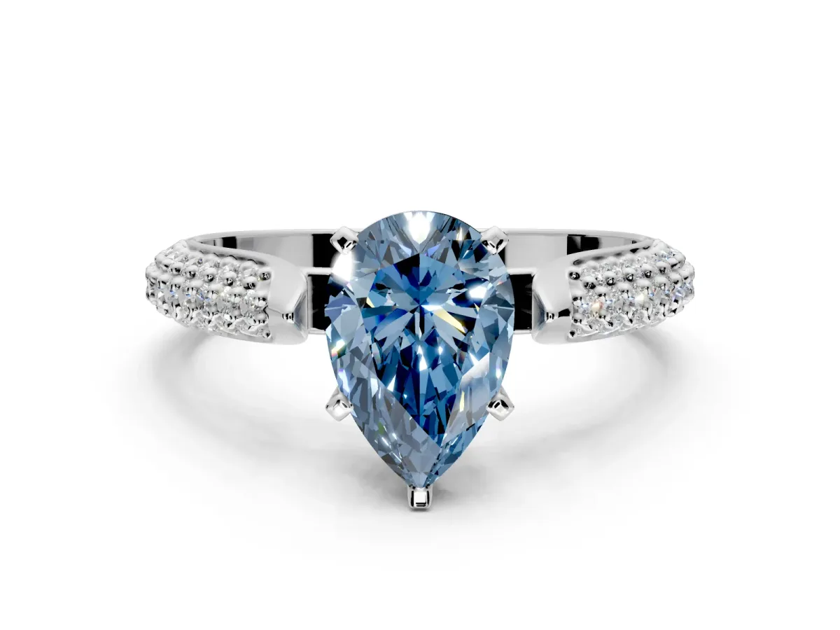 Solitaire Engagement Ring Setting for Fancy Blue Pear-Shaped Center with Multi-Row Accents and Prong Head in White Gold