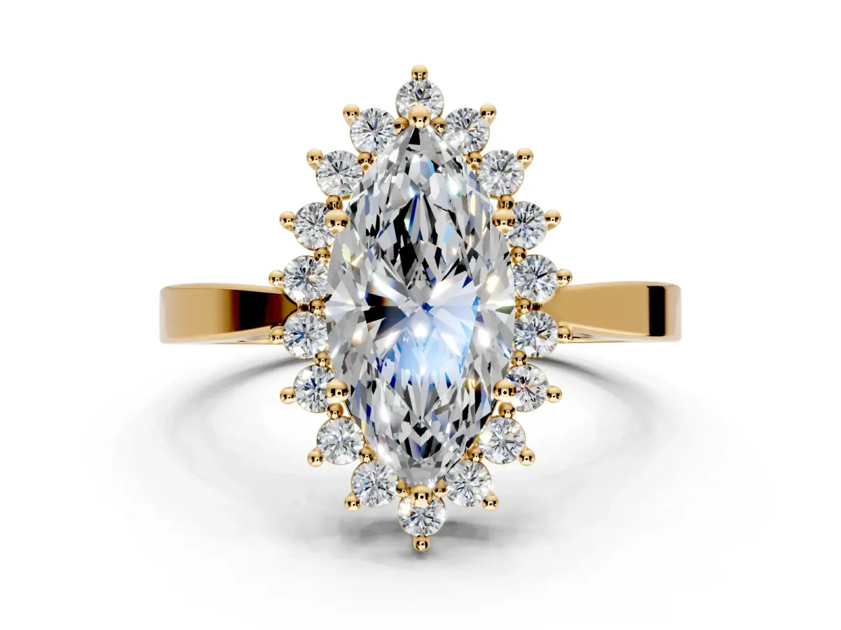 Starburst Halo Engagement Ring Setting for Marquise Center with Flat Cathedral Band and Prong Head in Yellow Gold