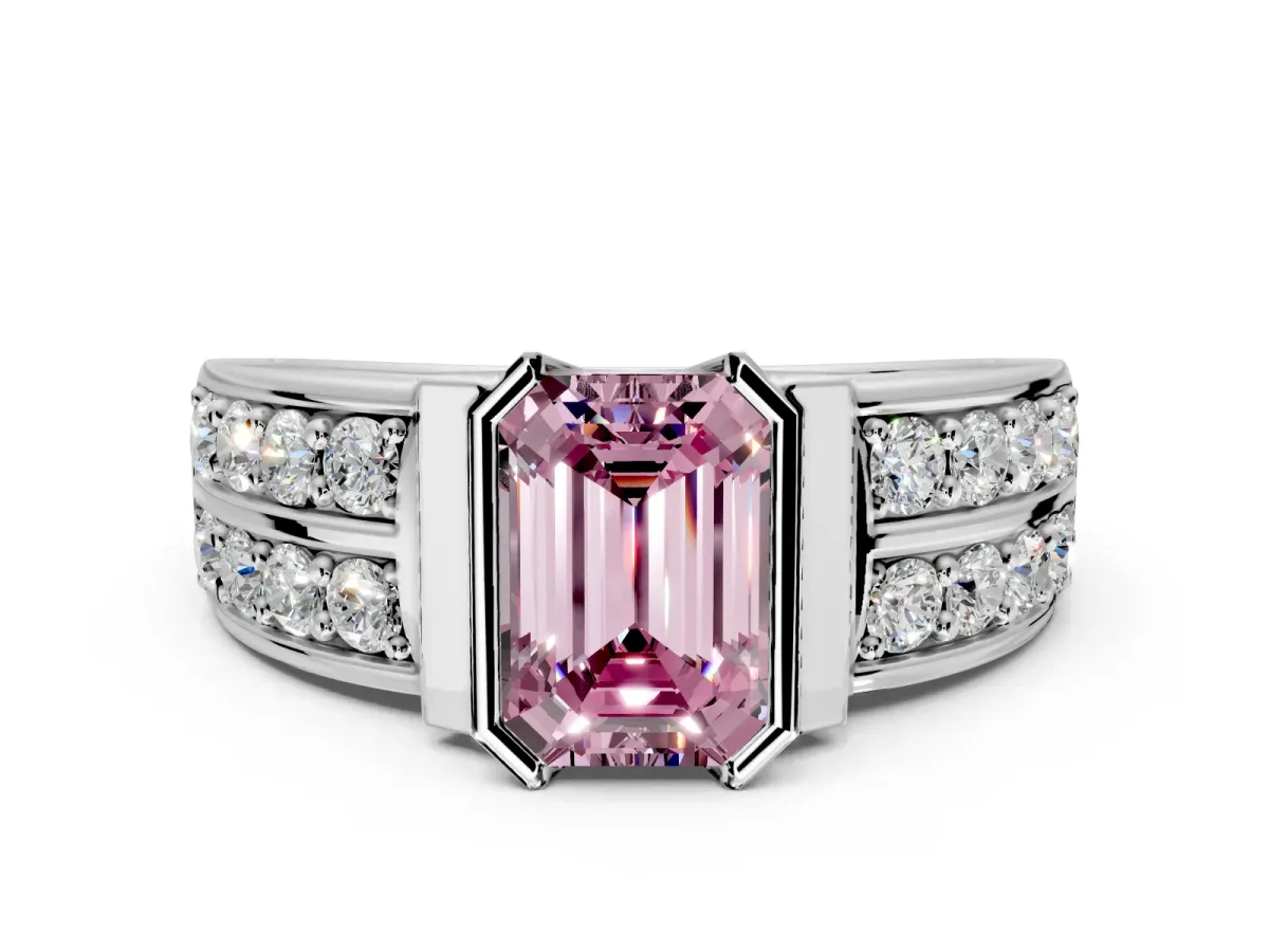 Bezel Engagement Ring Setting for Fancy Pink Emerald Cut Center with Wide Channel-Set Band and Bezel Head in Sterling Silver
