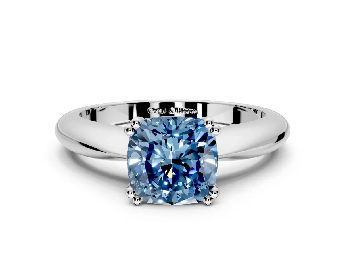 Solitaire Engagement Ring Setting for Fancy Blue Cushion Cut Center with Reverse Tapered Band and Prong Head in Sterling Silver