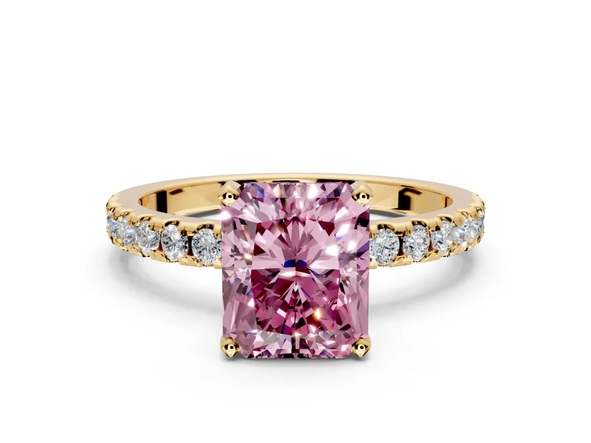 Solitaire Engagement Ring Setting for Fancy Pink Radiant Cut Center with Band of Accents and Prong Head in Yellow Gold