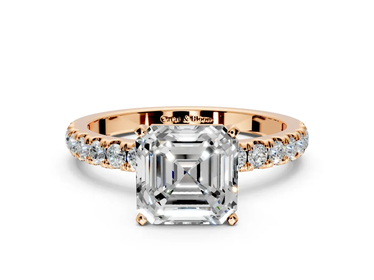 Open Basket Engagement Ring Setting for Asscher Cut Center with Pave Band and Prong Head in Rose Gold