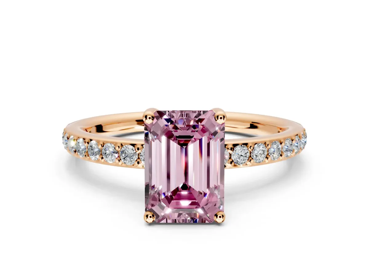 Solitaire Engagement Ring Setting for Fancy Pink Emerald Cut Center with Fine Pave Band and Prong Head in Rose Gold