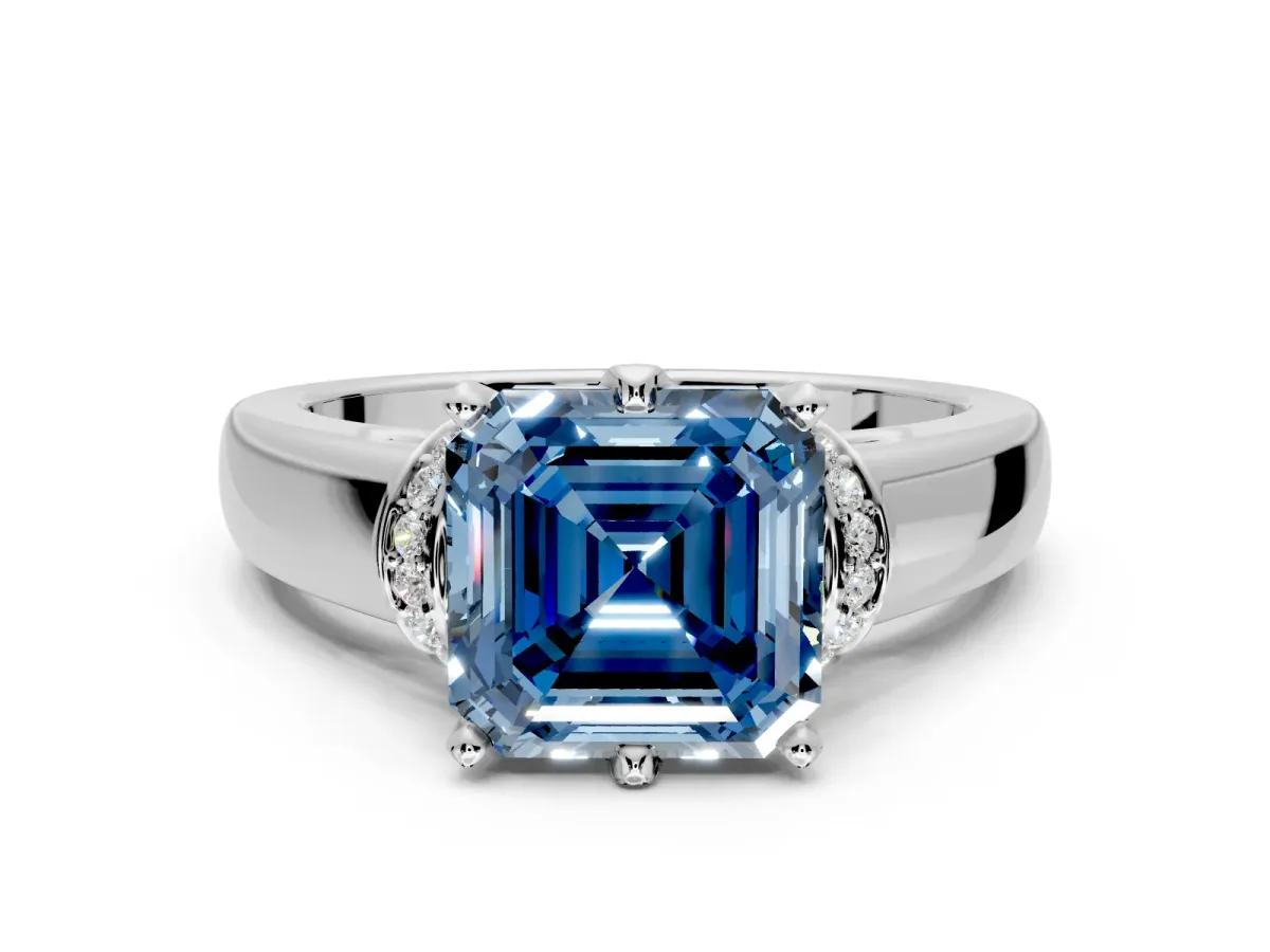 Solitaire Engagement Ring Setting for Fancy Blue Asscher Cut Center with Wide Band, Pave Collar and Prong Head in Platinum