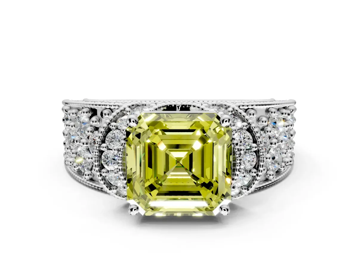 Pave Engagement Ring Setting for Fancy Yellow Asscher Cut Center with Curved Accent Rows, Openwork and Prong Head in Sterling Silver