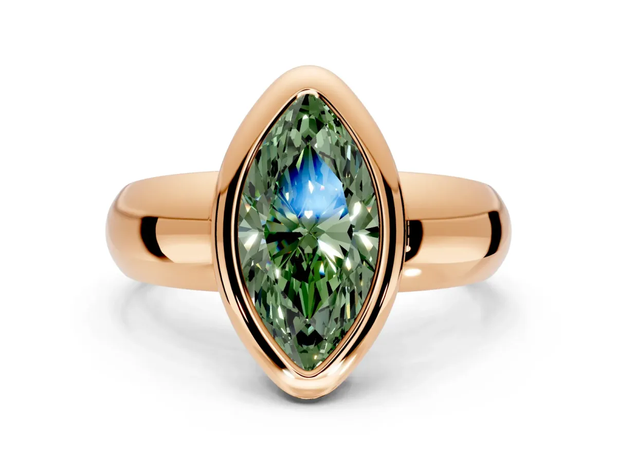 Solitaire Engagement Ring Setting for Fancy Green Marquise Center with Wide Band and Bezel Head in Rose Gold