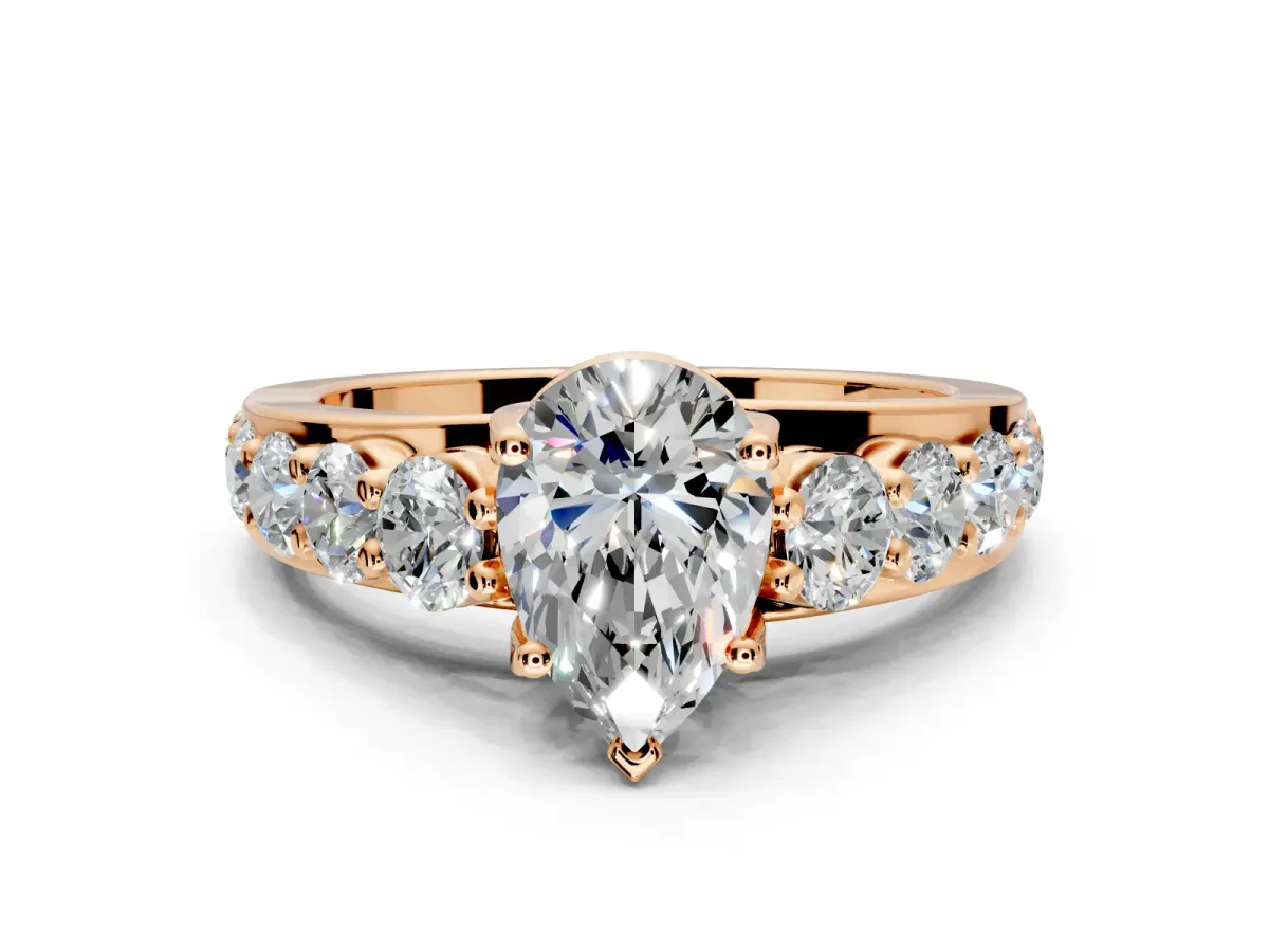 Solitaire Engagement Ring Setting for Pear-Shaped Center with Graduated Shared Prongs and Prong Head in Rose Gold