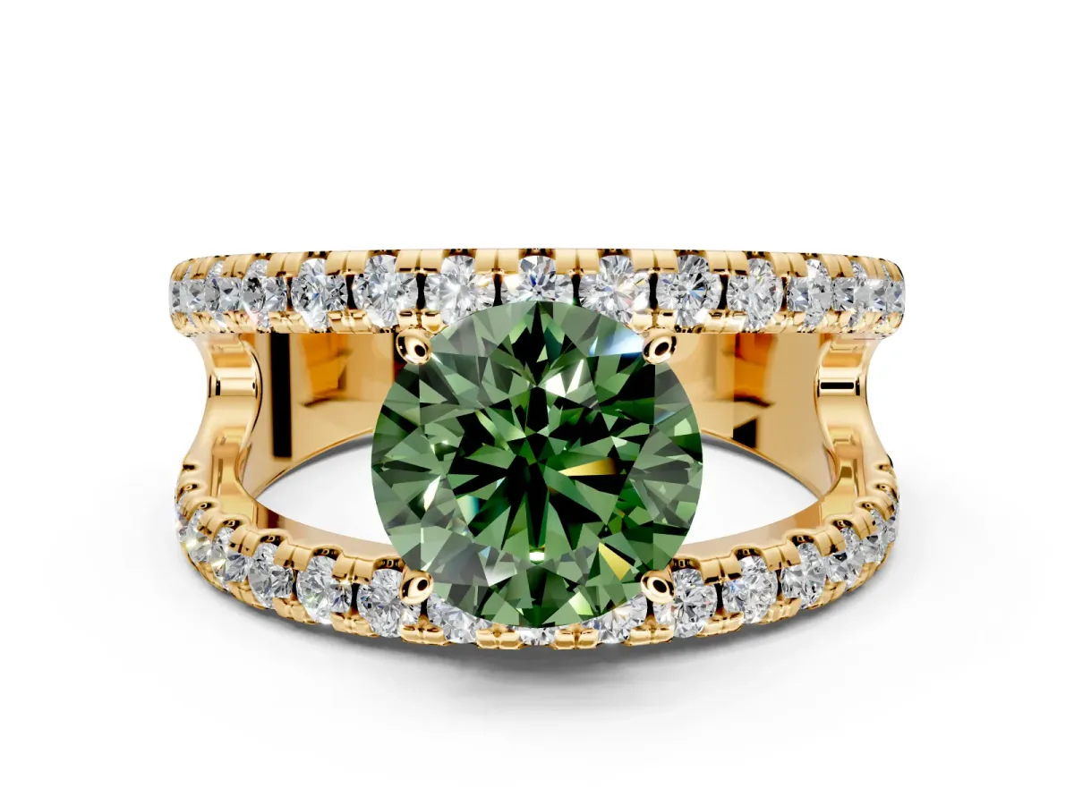Solitaire Engagement Ring Setting for Fancy Green Round Cut Center with Wide-Open Split Shank and Prong Head in Yellow Gold