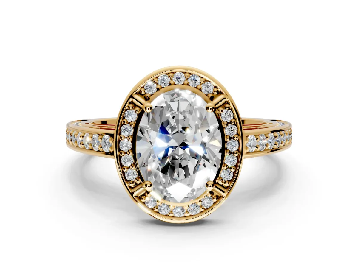 Halo Engagement Ring Setting for Oval Center with Framed Halo, Pave Band and Prong Head in Yellow Gold