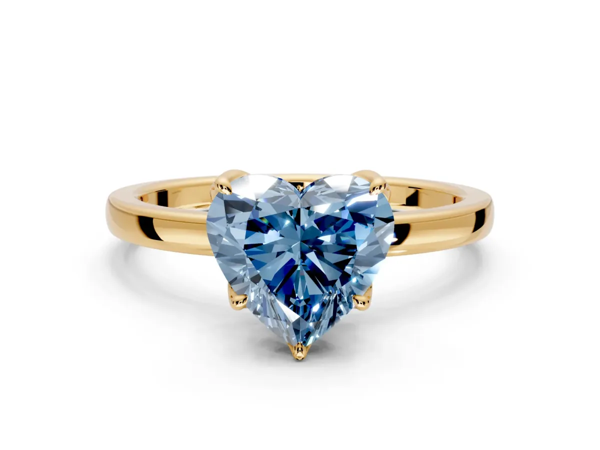 Solitaire Engagement Ring Setting for Fancy Blue Heart-Shaped Center with Thin Rounded Plain Band and Prong Head in Yellow Gold