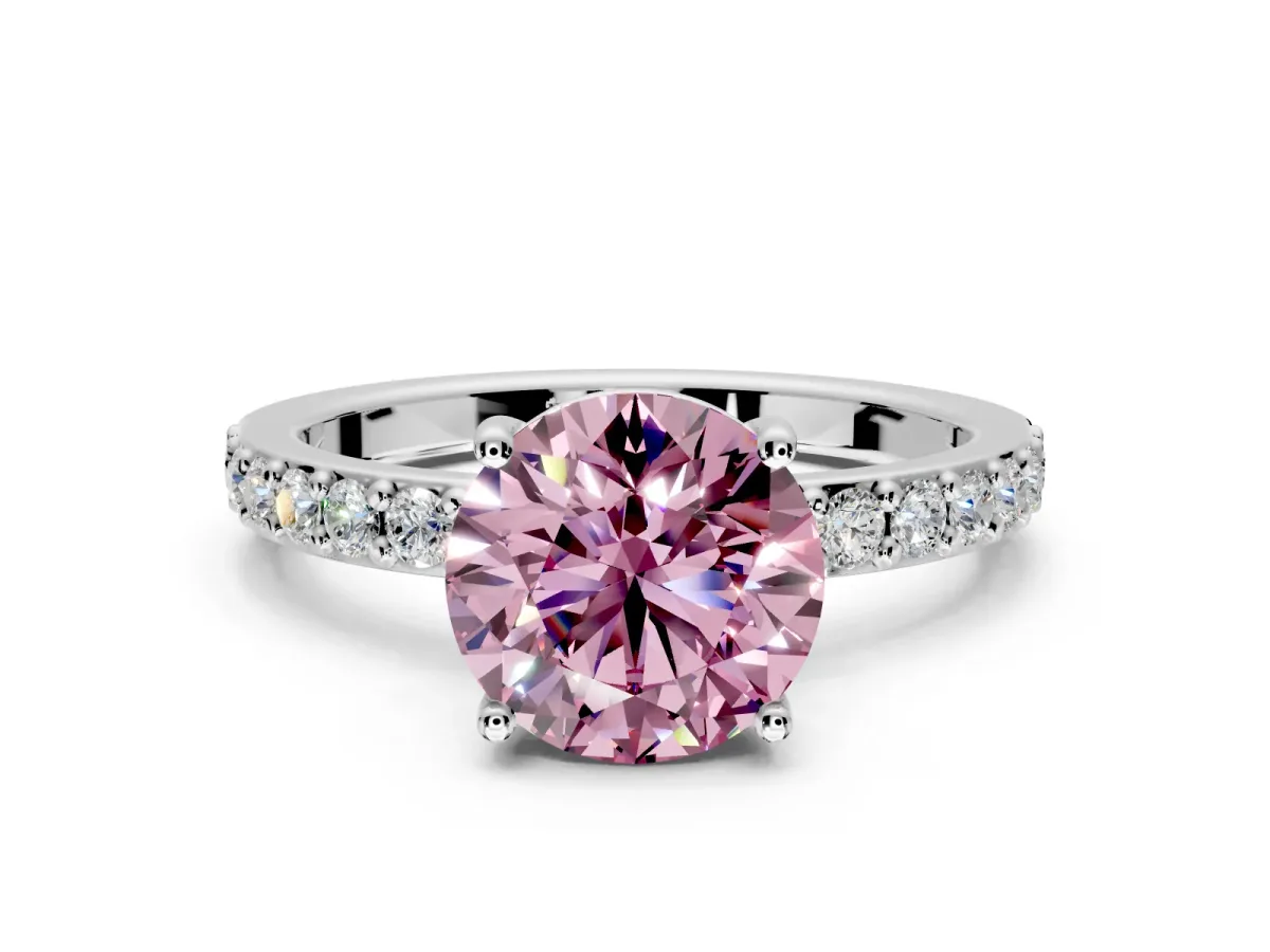 Solitaire Engagement Ring Setting for Fancy Pink Round Cut Center with Round Cut Pave Band and Prong Head in Platinum