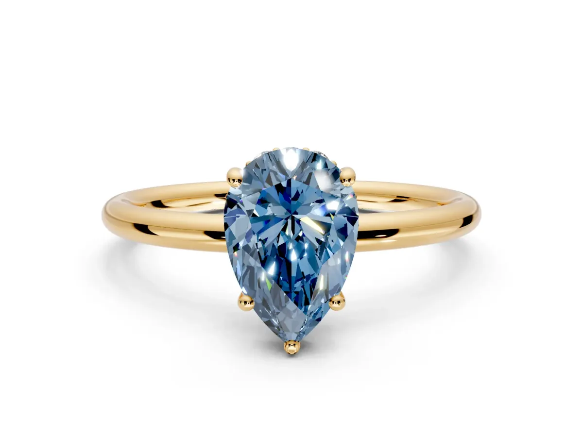 Solitaire Engagement Ring Setting for Fancy Blue Pear-Shaped Center with Plain Band, Open Basket and Prong Head in Yellow Gold