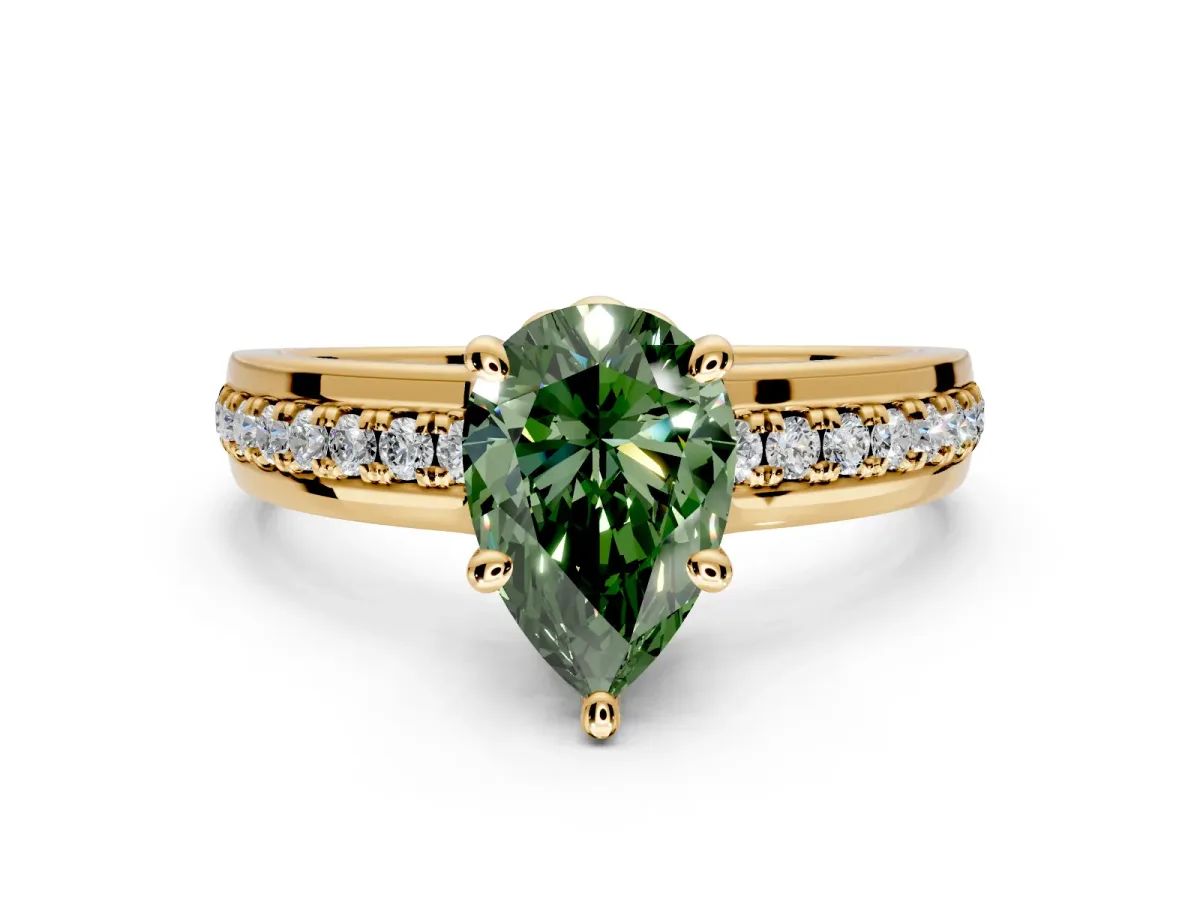 Solitaire Engagement Ring Setting for Fancy Green Pear-Shaped Center with Raised Channel Band and Prong Head in Yellow Gold