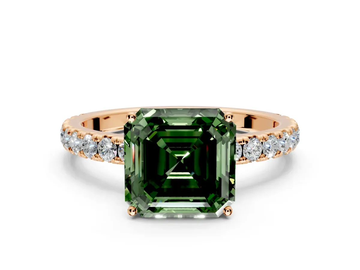 Solitaire Engagement Ring Setting for Fancy Green Asscher Cut Center with Large Accent Band and Prong Head in Rose Gold