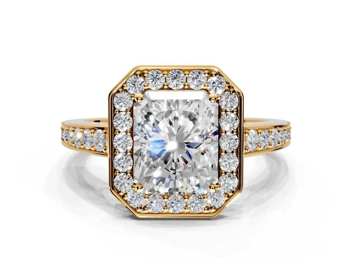 Bezel-Framed Halo Engagement Ring Setting for Radiant Cut Center with Pave Band and Prong Head in Yellow Gold