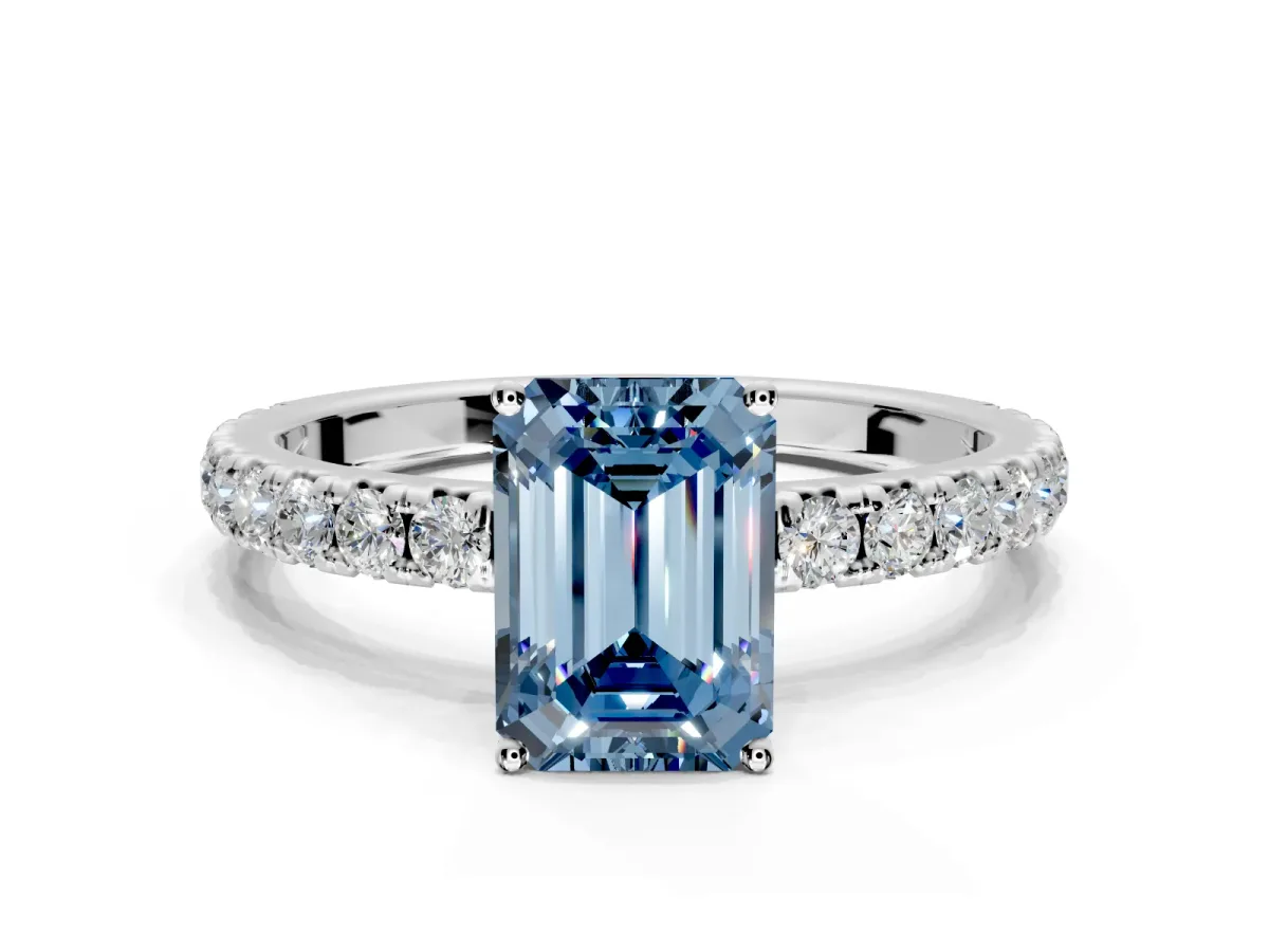 Solitaire Engagement Ring Setting for Fancy Blue Emerald Cut Center with Large Accent Band and Prong Head in Platinum