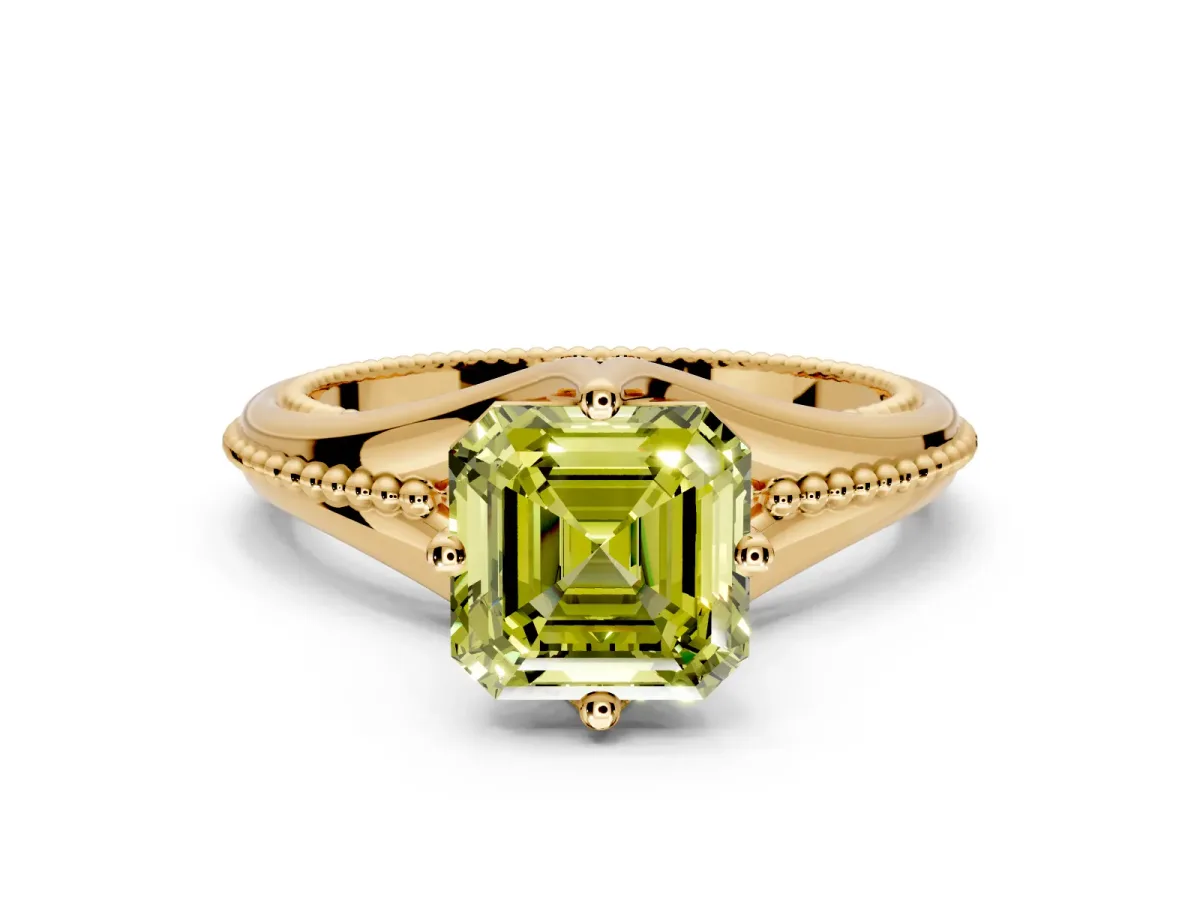 Solitaire Engagement Ring Setting for Fancy Yellow Asscher Cut Center with Milgrain Cathedral Band and Prong Head in Yellow Gold