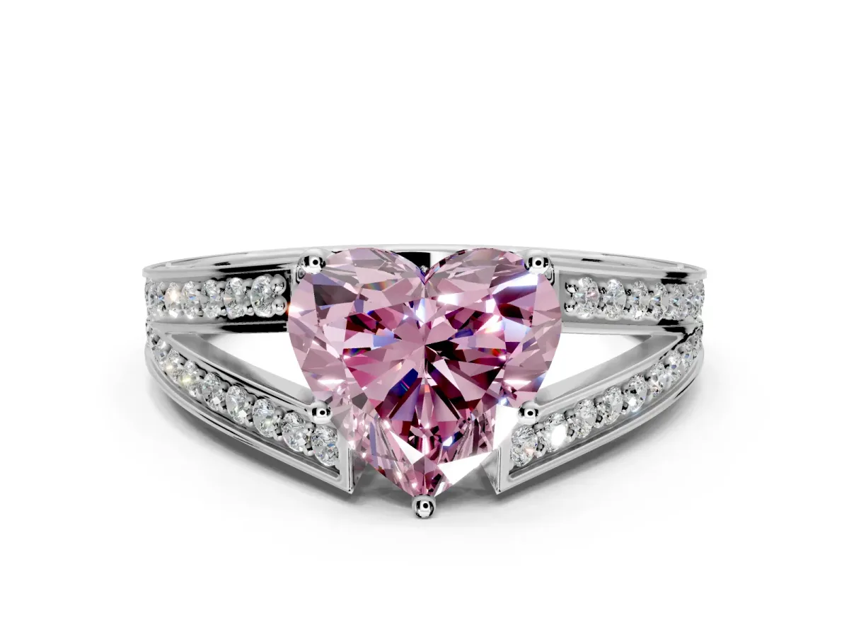 Split Shank Engagement Ring Setting for Fancy Pink Heart-Shaped Center with Pave Split Shank and Prong Head in Sterling Silver
