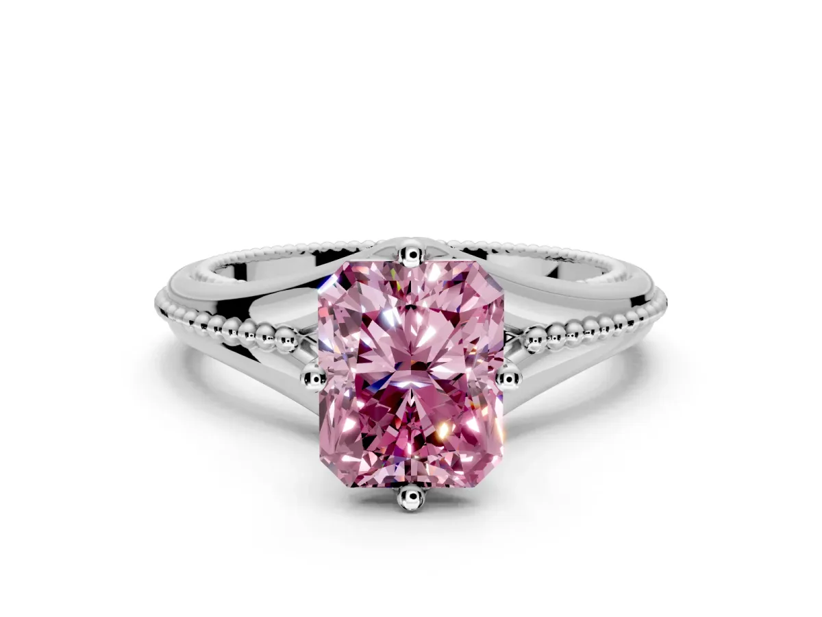 Solitaire Engagement Ring Setting for Fancy Pink Radiant Cut Center with Milgrain Cathedral Band and Prong Head in Platinum
