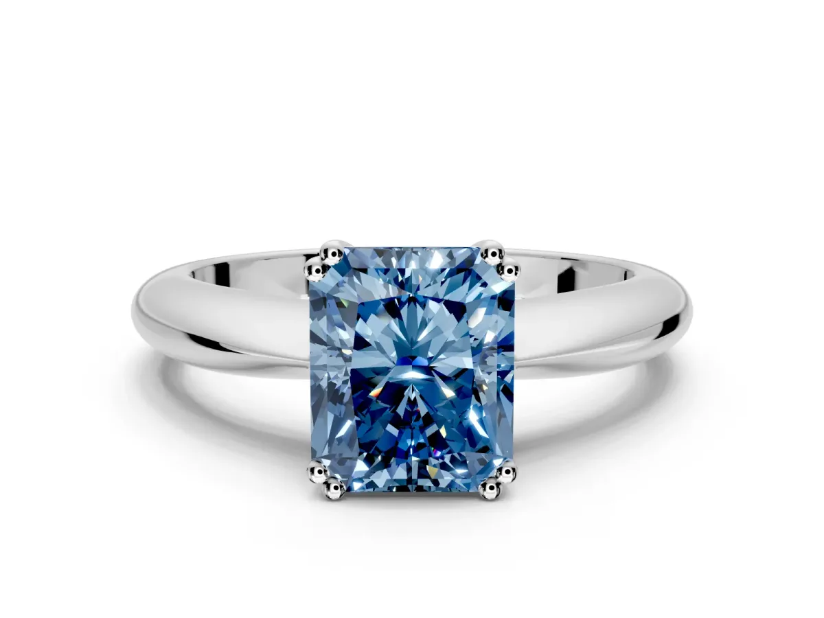Solitaire Engagement Ring Setting for Fancy Blue Radiant Cut Center with Reverse Tapered Band and Prong Head in Platinum