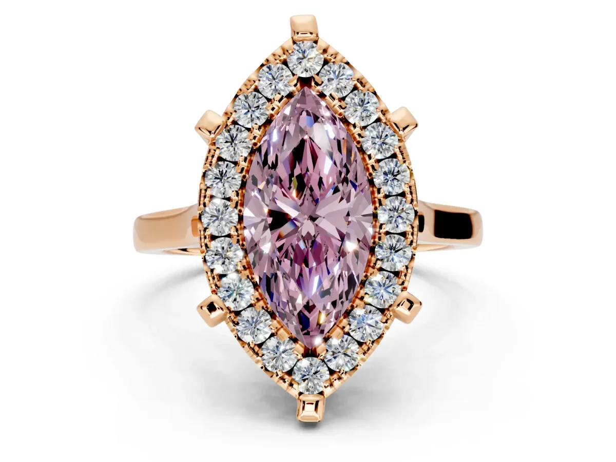 Single Halo Engagement Ring Setting for Fancy Pink Marquise Center with Corner Claws, Plain Band and Prong Head in Rose Gold
