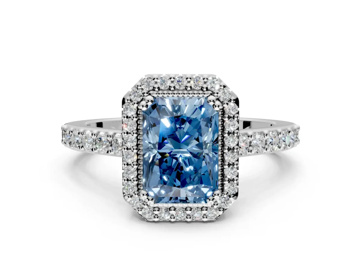 Halo Engagement Ring Setting for Fancy Blue Radiant Cut Center with Inner Milgrain Border and Prong Head in Sterling Silver