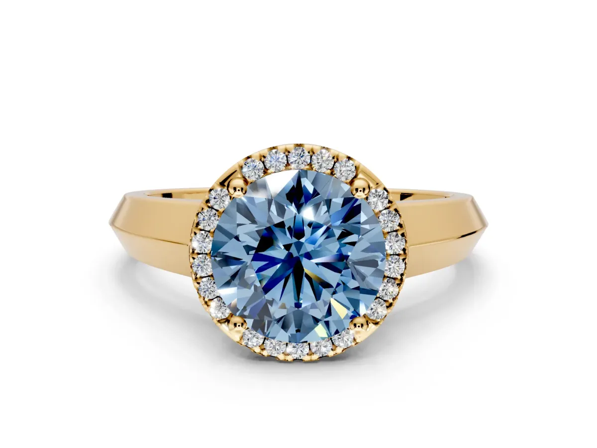 Halo Engagement Ring Setting for Fancy Blue Round Cut Center with Knife Ridge Cathedral Band and Prong Head in Yellow Gold