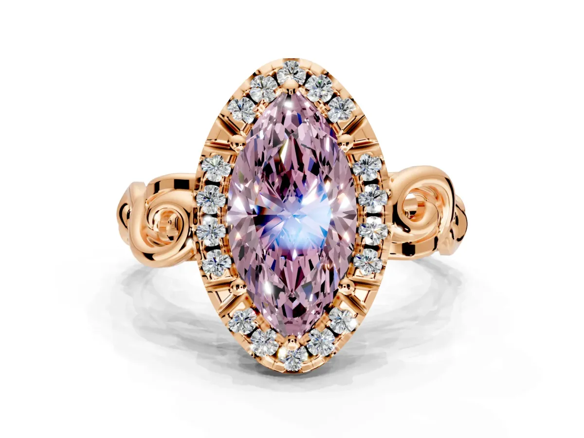 Halo Engagement Ring Setting for Fancy Pink Marquise Center with Open Scroll Shoulders and Prong Head in Rose Gold