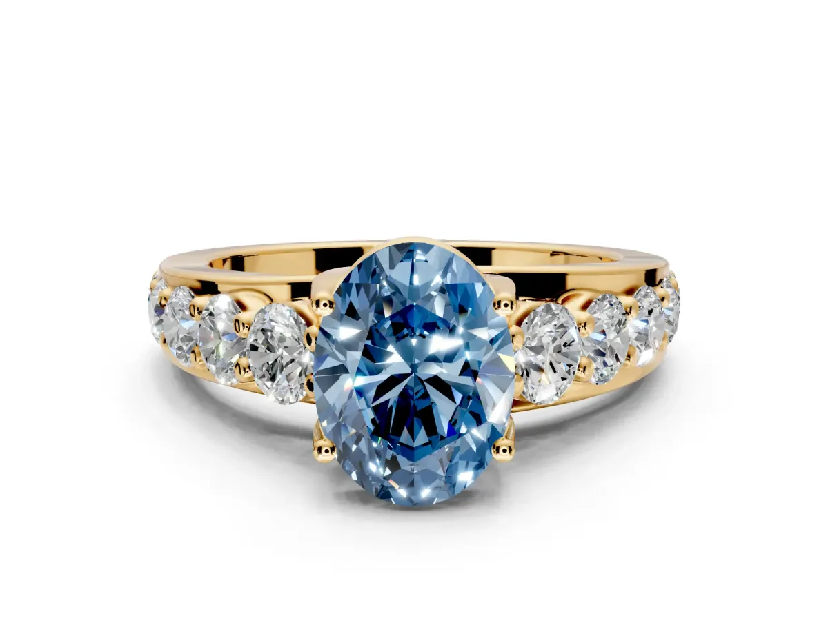 Solitaire Engagement Ring Setting for Fancy Blue Oval Center with Graduated Shared Prongs and Prong Head in Yellow Gold
