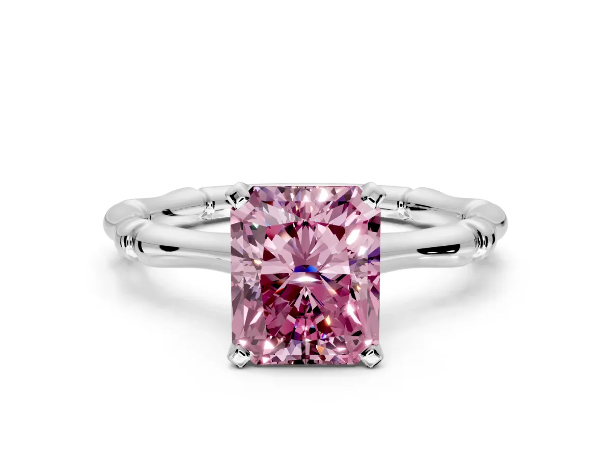 Solitaire Engagement Ring Setting for Fancy Pink Radiant Cut Center with Bamboo Band and Prong Head in Platinum