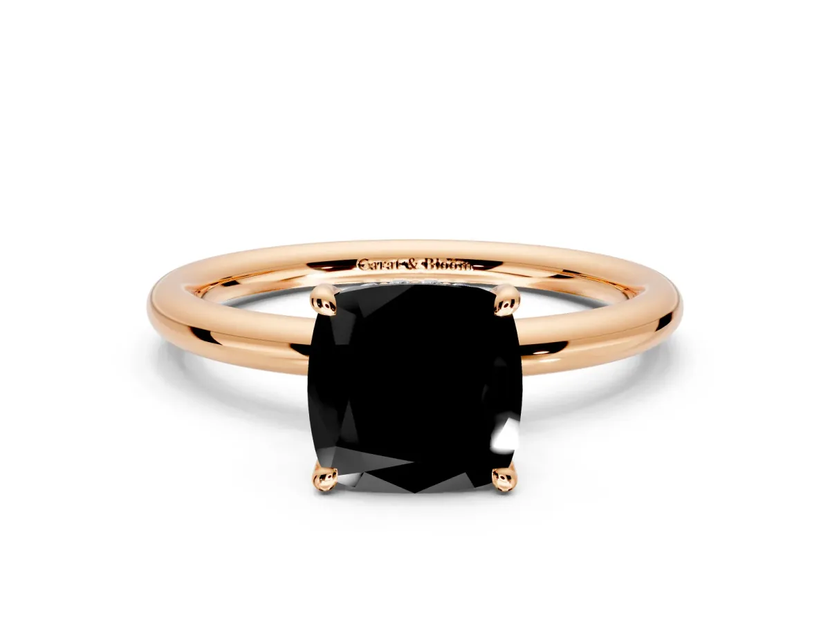 Hidden Halo Engagement Ring Setting for Fancy Black Cushion Cut Center with Thin Rounded Band and Prong Head in Rose Gold