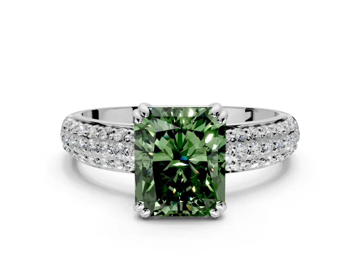 Solitaire Engagement Ring Setting for Fancy Green Radiant Cut Center with Multi-Row Pave Accents and Basket Head in White Gold