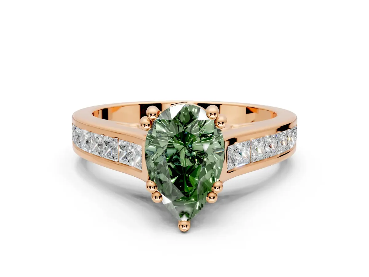 Solitaire Engagement Ring Setting for Fancy Green Pear-Shaped Center with Channel Band and Double Claw Prong Head in Rose Gold