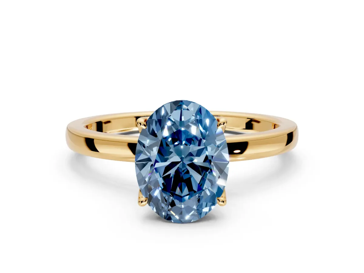Solitaire Engagement Ring Setting for Fancy Blue Oval Center with Thin Rounded Plain Band and Prong Head in Yellow Gold