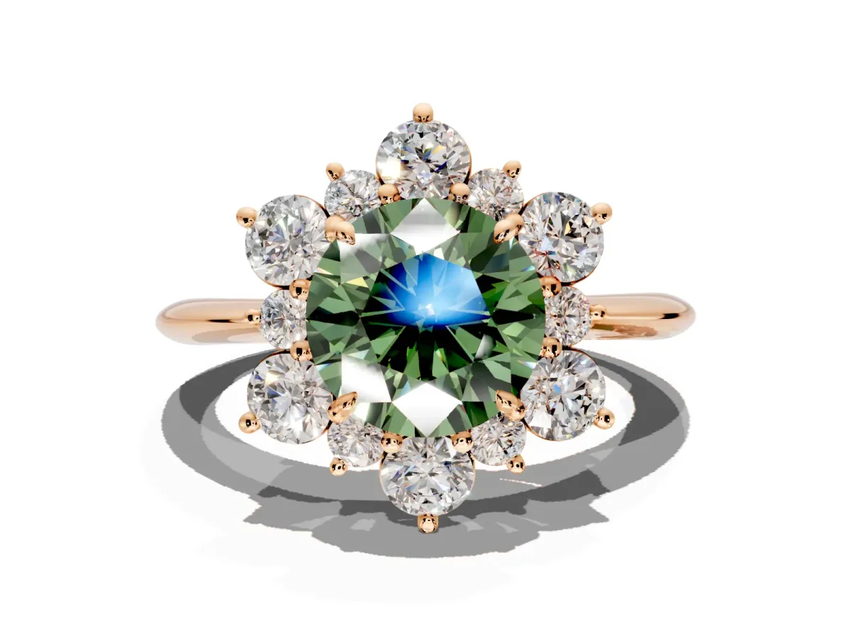 Small-Accent Cluster Halo Engagement Ring Setting for Fancy Green Round Cut Center with Plain Band and Prong Head in Rose Gold