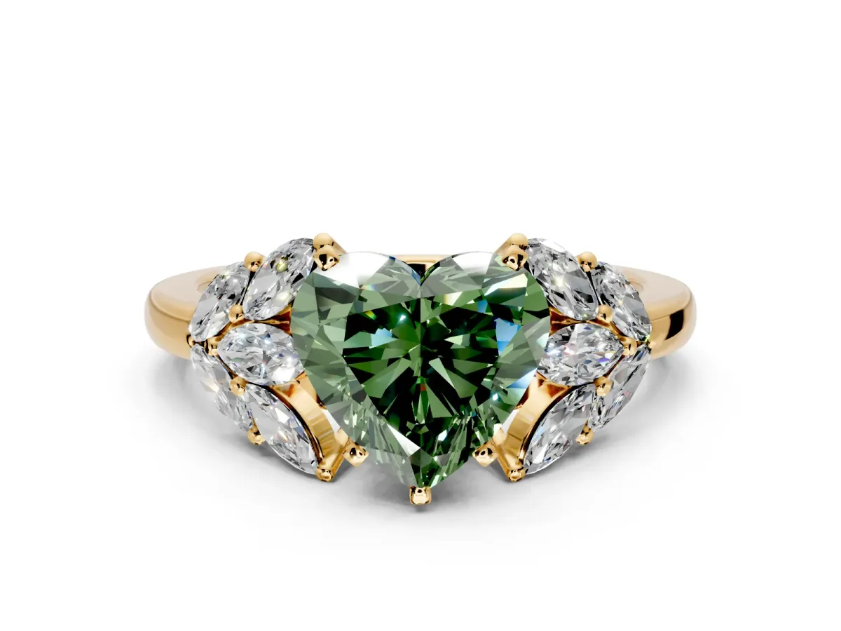 Leaf Cluster Engagement Ring Setting for Fancy Green Heart-Shaped Center with Marquise Accents and Prong Head in Yellow Gold