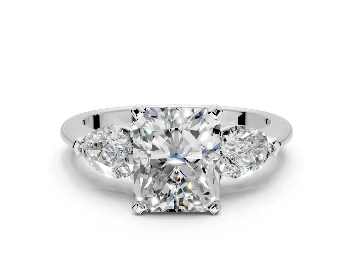 3 Stone Engagement Ring Setting for Radiant Cut Center with Large Pear-Shaped Accents and Prong Head in White Gold