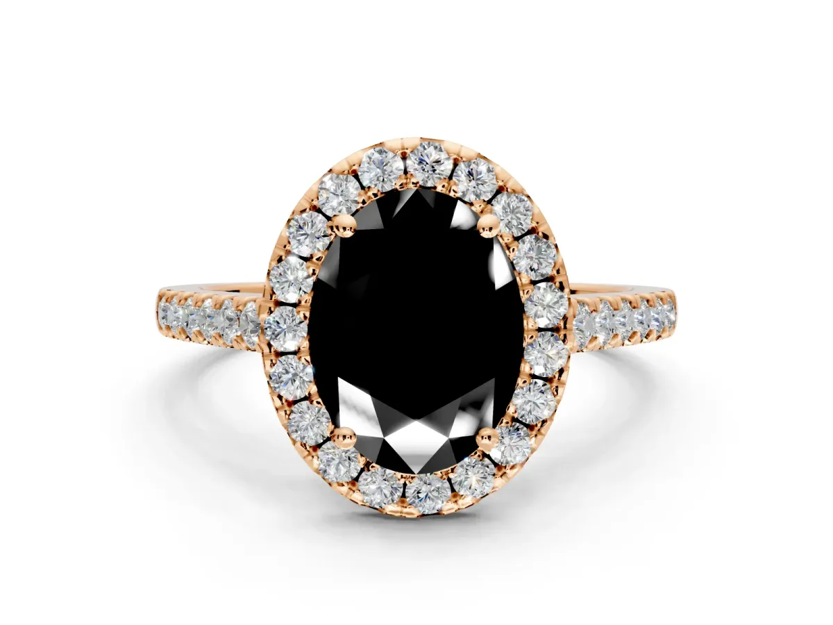 Halo Engagement Ring Setting for Fancy Black Oval Center with Narrowing Pave Band and Prong Head in Rose Gold