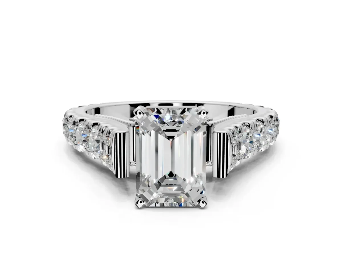 Solitaire Engagement Ring Setting for Emerald Cut Center with Pave Cathedral Shoulders and Prong Head in Platinum