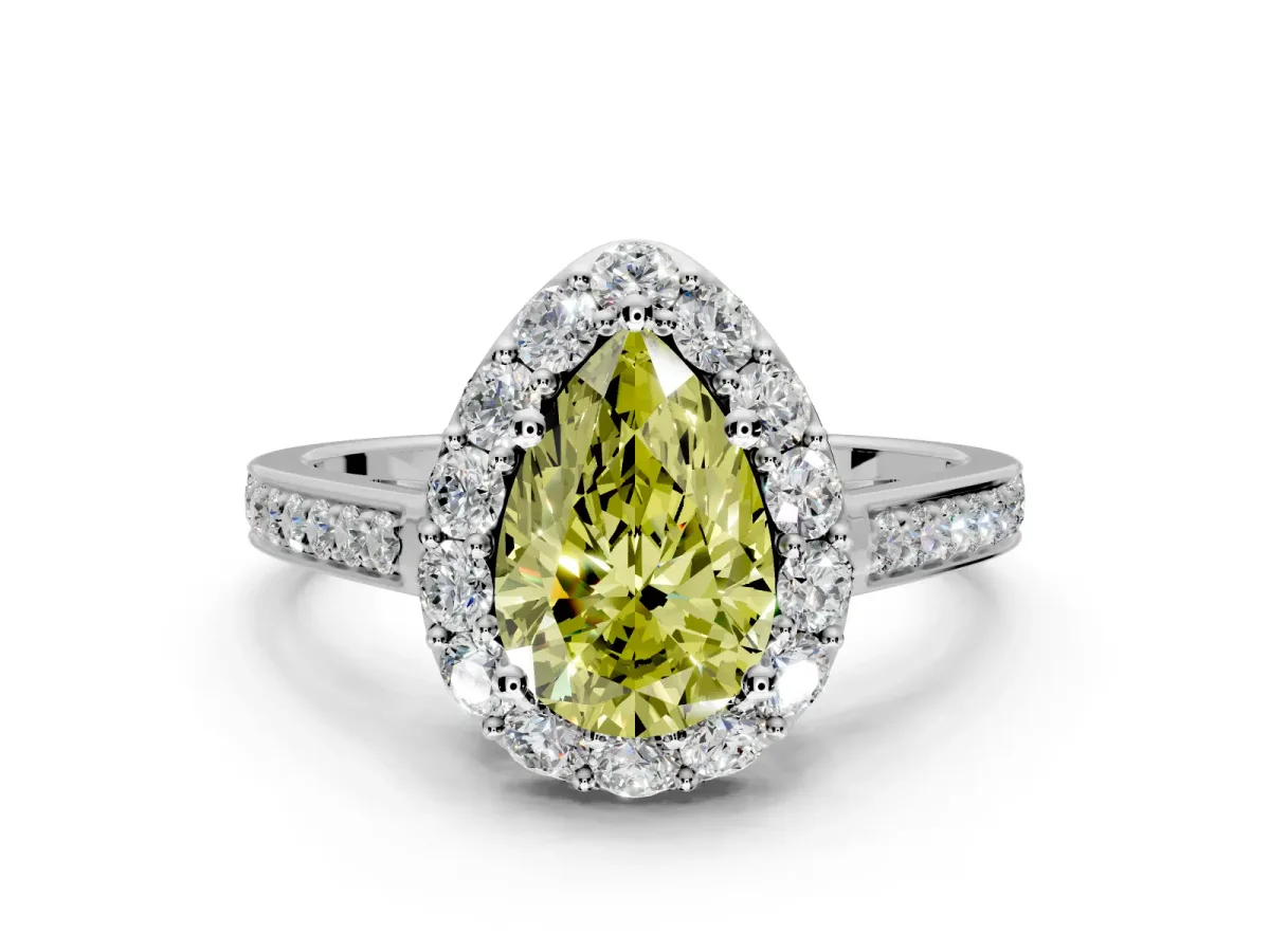 Floral Halo Engagement Ring Setting for Fancy Yellow Pear-Shaped Center with Large Halo Accents and Prong Head in Platinum