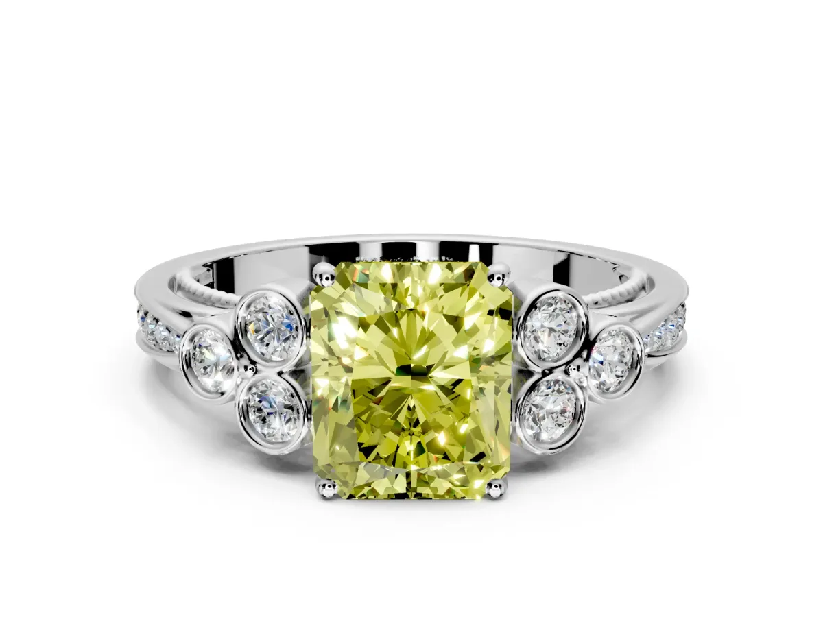 Cluster Engagement Ring Setting for Fancy Yellow Radiant Cut Center with Bezel Accent Clusters and Prong Head in Platinum