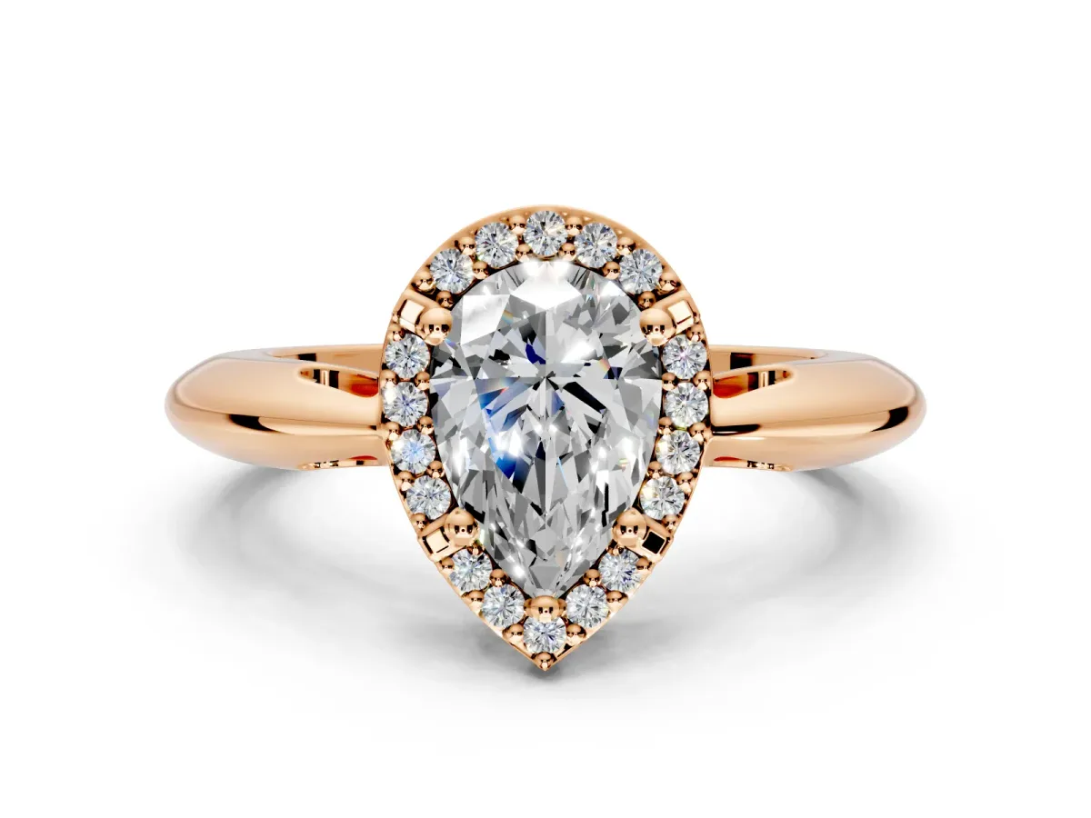 Halo Engagement Ring Setting for Pear-Shaped Center with Tapered Plain Band and Prong Head in Rose Gold